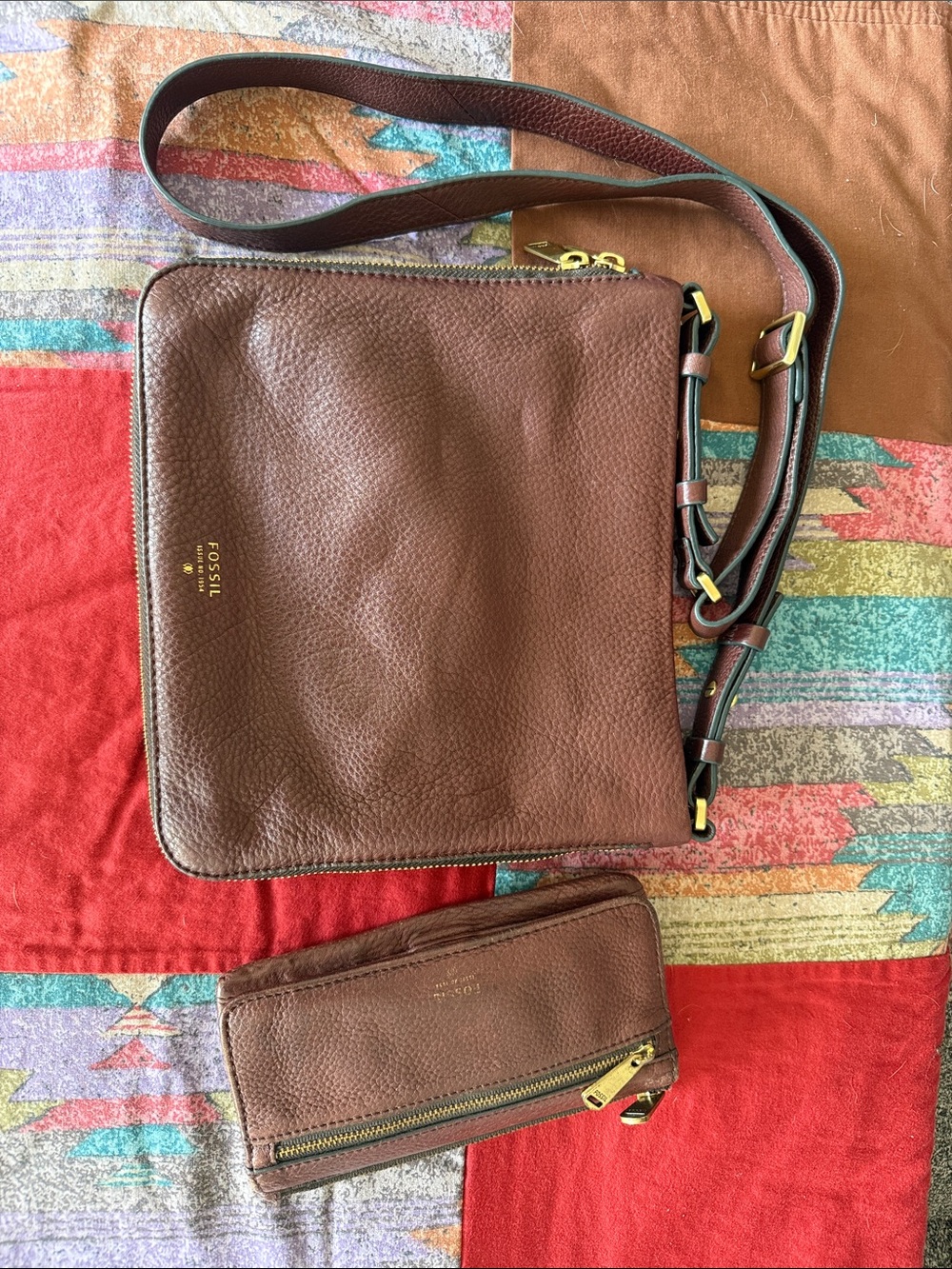 Fossil Chestnut Pebbled Leather Crossbody with Matching Wallet